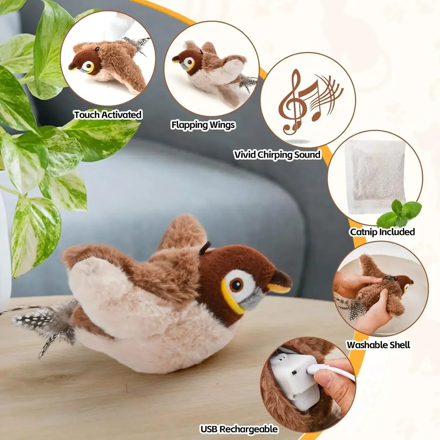Hot Cat Interactive Toys Catnip Electric Pat Bird (With Catnip) Dog Cats Touch-Activated Squeaky Plush Toy Pet USB Rechargeable