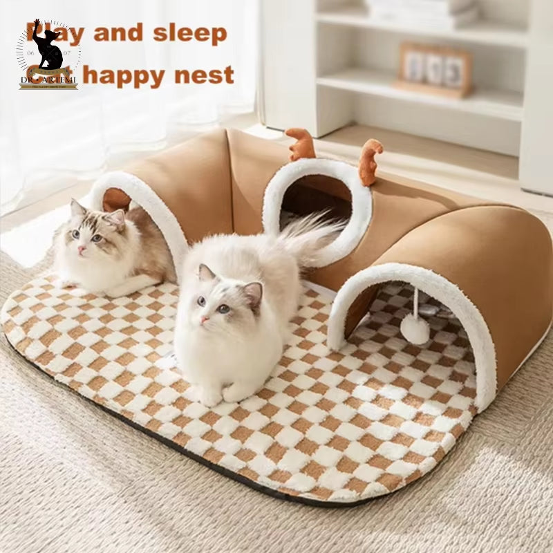 Autumn Winter Cat Elk Tunnel Play Sleep All-In-One Pet Cat Rabbit Beds Mats Tunnel