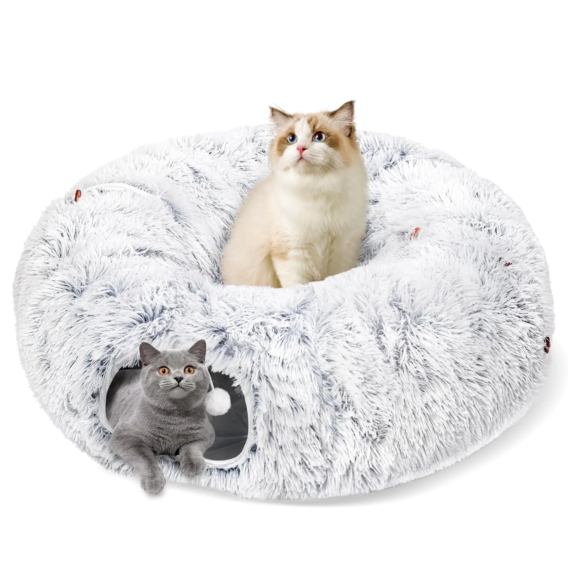 Cat Tunnel Bed for Indoor Cats, Peekaboo Cat Cave with Washable Soft Play Mat, Furry Cat Tube, for Kitten/Puppy/Rabbit, Grey