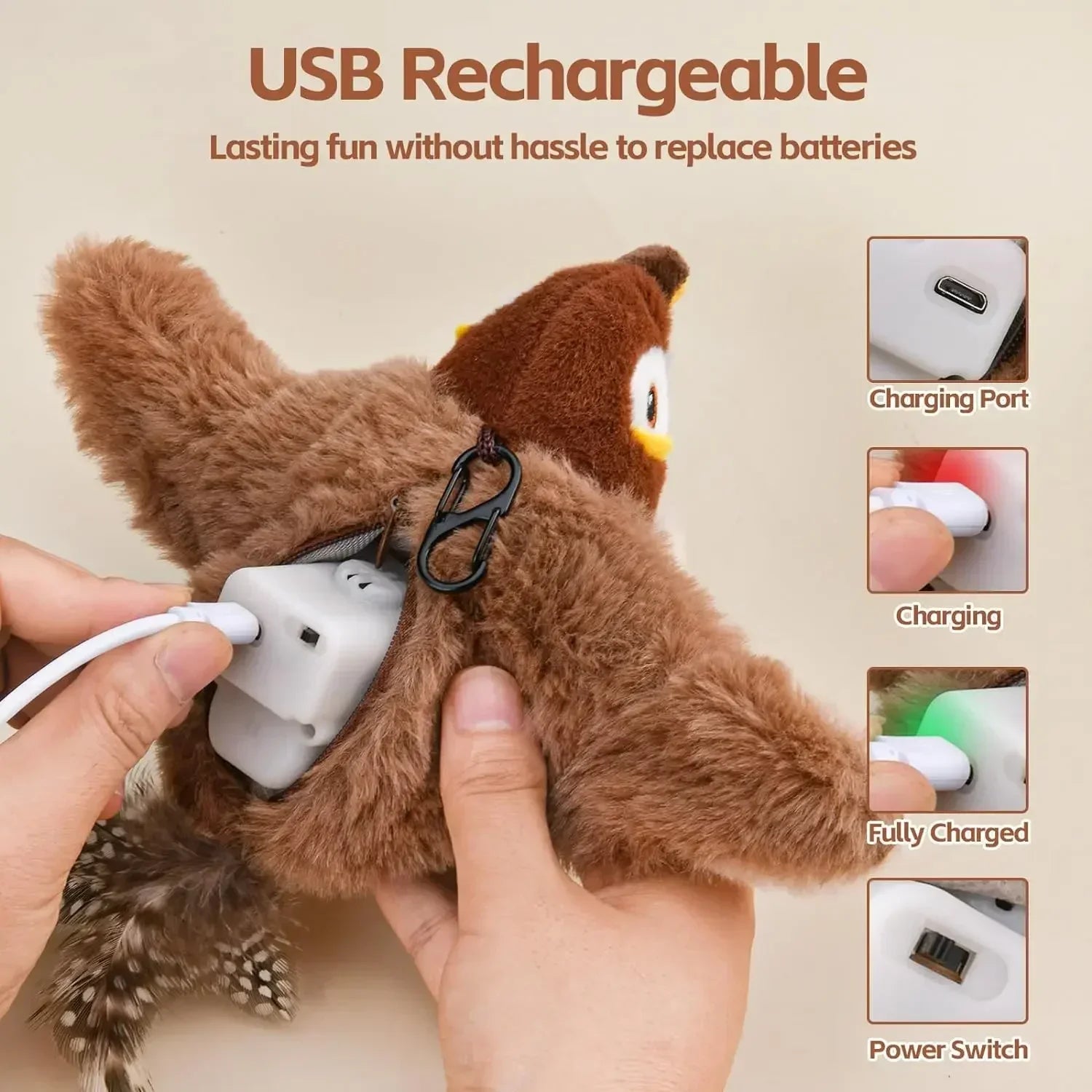 Hot Cat Interactive Toys Catnip Electric Pat Bird (With Catnip) Dog Cats Touch-Activated Squeaky Plush Toy Pet USB Rechargeable